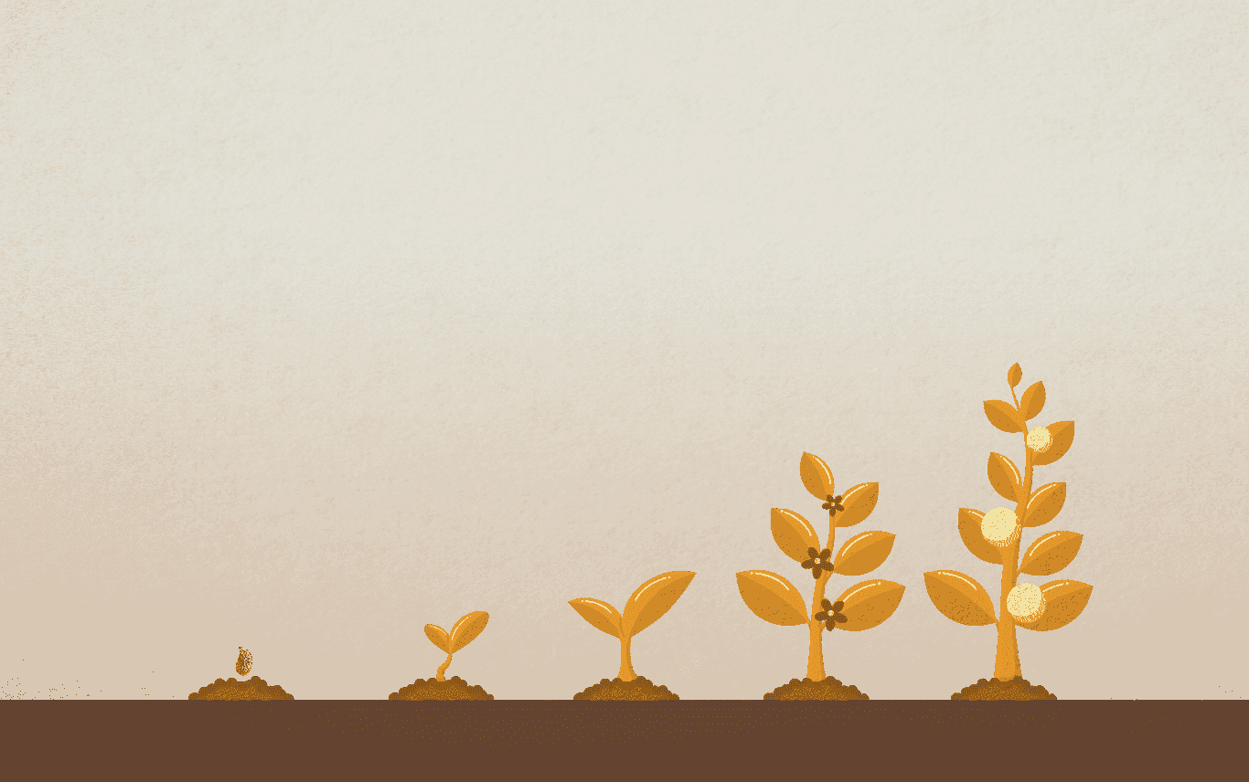 Panchdiksha — the five stages of spiritual growth shown as a growing tree: Beejam, Ankuram, Parnam, Pushpam or Vanprastha, and Falam